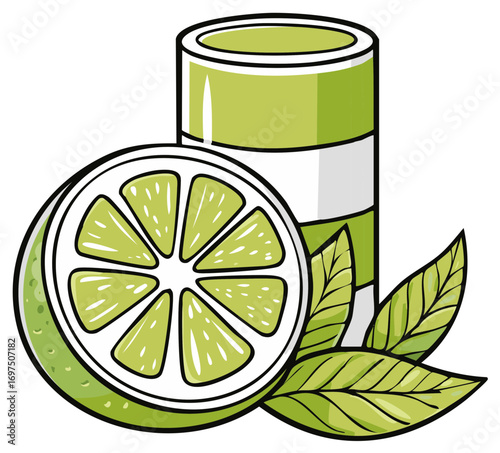 Invigorating Lime Slice Next to Cylindrical Green Container and Vibrant Green Leaves Depicting Freshness