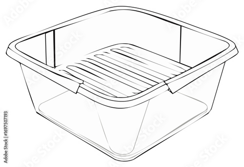 Black and white illustration of a square paint tray with a grill inside, vector