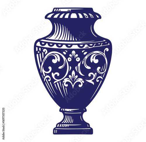 Intricate blue and white decorative urn illustration with ornate swirl and floral details