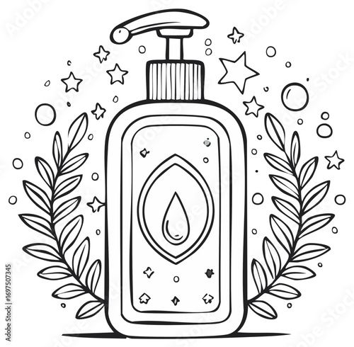 Hand drawn soap dispenser bottle illustration with leaves and stars coloring page