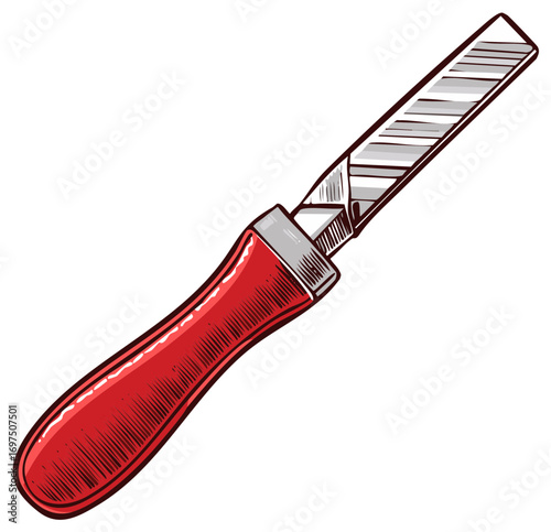Close up of a red handled metal file tool isolated on white background
