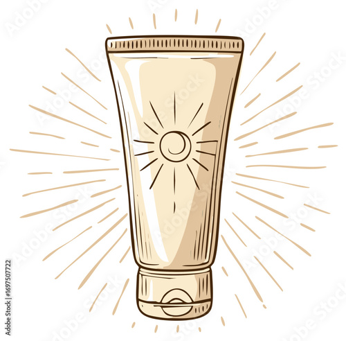 Hand drawn sunscreen lotion tube with sun icon for summer skincare and UV protection