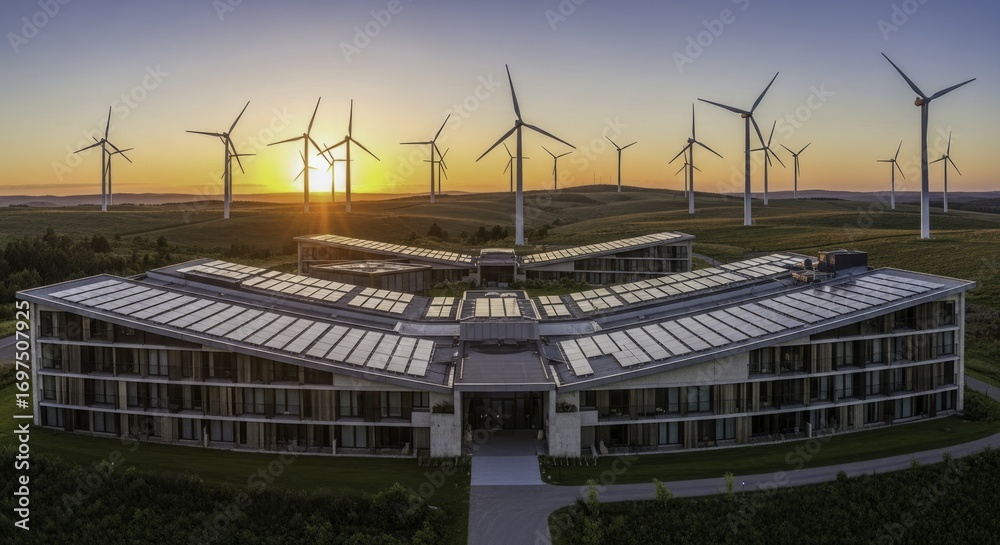 Panoramic aerial view of a modern eco-friendly resort with solar panels and a wind farm at sunrise, showcasing sustainable architecture and renewable energy. Panoramic aerial view of a modern eco-friendly resort with solar panels and a wind farm at sunrise, showcasing sustainable architecture and renewable energy.