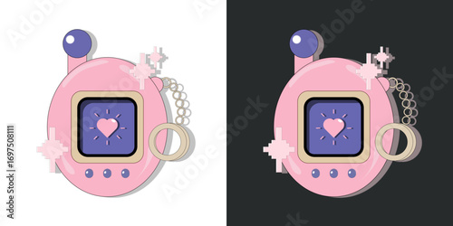 A pink retro-style digital pet device with a heart symbol on the screen, evoking memories of the early 2000s era, blending playful charm and virtual companionship in a pixel-art aesthetic.