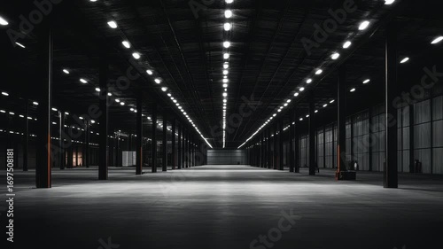 Dark empty warehouse, modern interior factory
