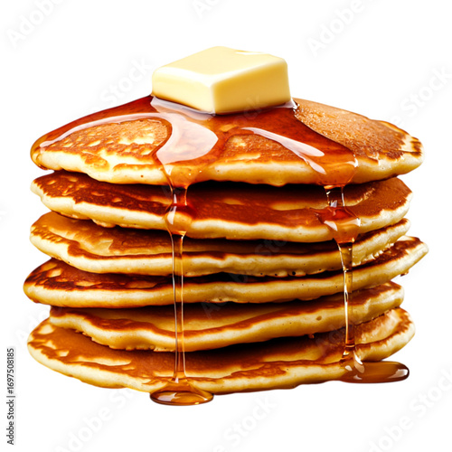 Stack of Fluffy Pancakes with Butter and Maple Syrup Dripping Down Deliciously