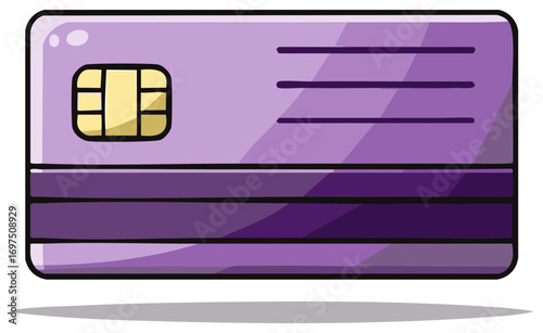 Cartoon Credit Card with Chip: Violet, Purple Financial Tool for Transactions and Payments
