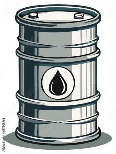 Metallic industrial oil barrel drum container with black petroleum drop symbol for energy