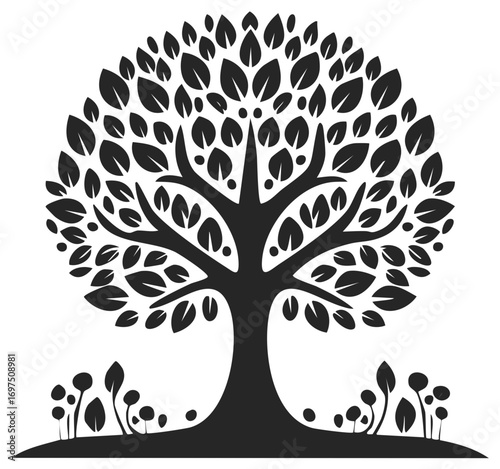 Monochrome tree with leaves and meadow grass growing at the foot, graphic illustration