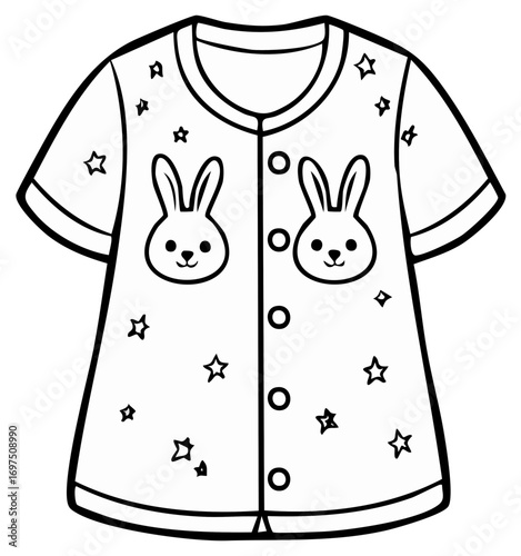Black and White Pajama Top with Rabbit and Star Design for Coloring Book Activity