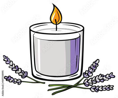 Lit lavender scented candle in a glass jar with purple flowers illustration