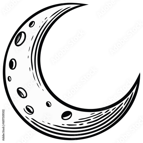 Crescent moon with craters celestial vector graphic, isolated half moon phase illustration in a stylized outline drawing
