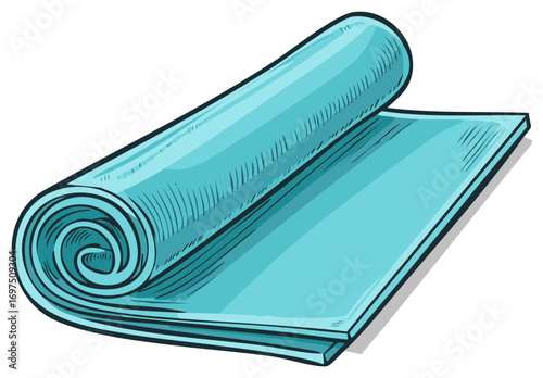 Rolled Turquoise Exercise Mat Illustration for Fitness, Yoga, or Pilates Training, Healthy Lifestyle Equipment