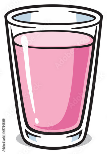 Cartoon illustration of a refreshing vibrant pink beverage in a clear drinking glass tumbler