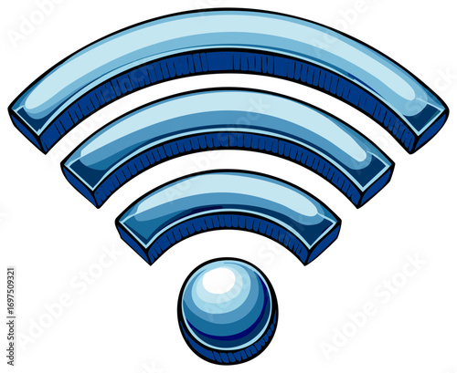 A shiny blue 3D Wi-Fi symbol illustration for wireless internet connection and technology.