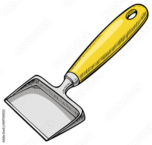 Yellow handled gardening trowel with a steel blade for digging soil and planting flowers