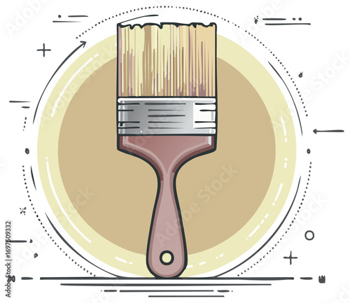 Painter's Brush with Tan Handle and Circle Accent, Illustrative Icon for Home Decor Projects and Renovation