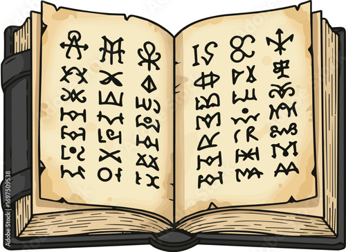 Mysterious ancient book with cryptic symbols and aged parchment pages for fantasy storytelling, occult studies, and historical fiction designs