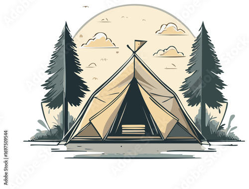Camping scene with tent, trees, clouds and a sunny background