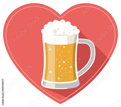 Beer mug illustration with froth within red heart shape, beverages design element