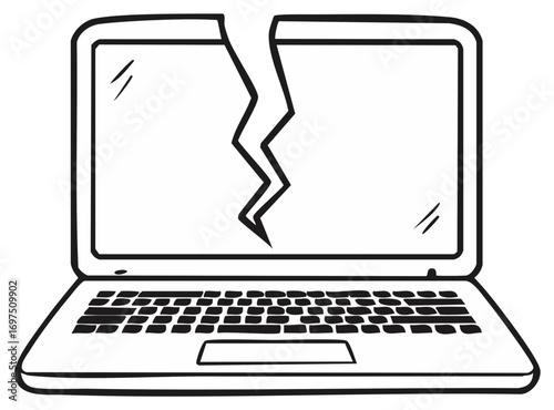 Broken laptop computer screen with a jagged crack illustration showing damage and malfunction