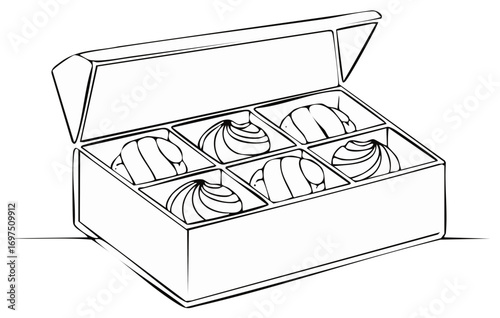 Simple black and white line art illustration of an open box filled with delightful chocolate or candy treats