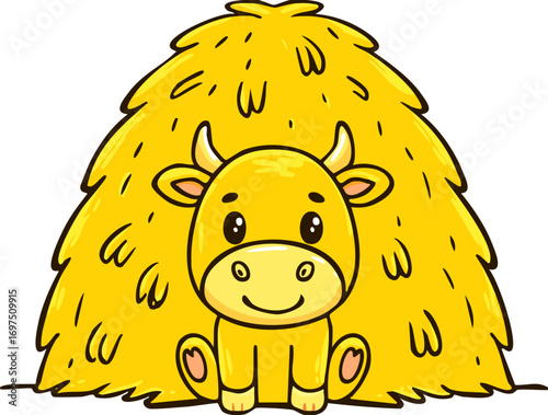 Cute Cartoon Yellow Ox Sitting Next to a Large Haystack