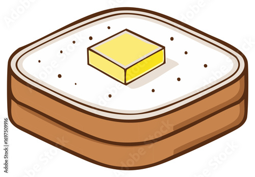 Cartoon illustration of a piece of toast with butter, isolated on white.