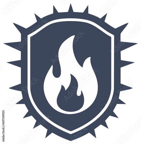 Shield emblem with flames and spiked border graphic