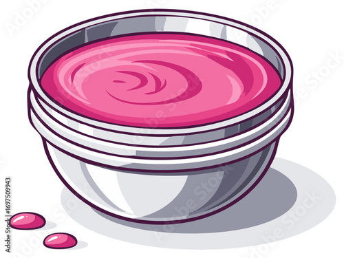 Vibrant pink creamy substance in a clean modern bowl with small spilled drops illustration