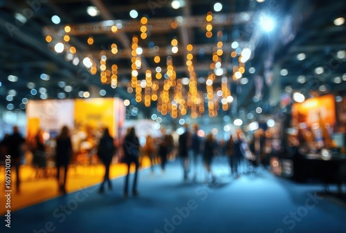 Blurred view of people walking in an indoor event space with vibrant lighting and soft focus creating a sense of movement and ambience