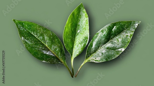 Three Green Leaves with Powdery Mildew on Muted Green Background