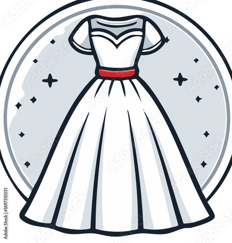 Elegant white dress illustration featuring a red belt and an outer circle accented with decorative stars