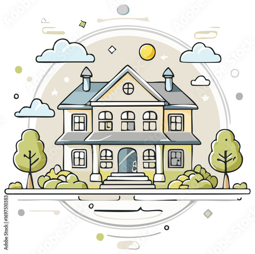 Illustration of a house with trees, bushes, clouds, and a sun in a decorative style.