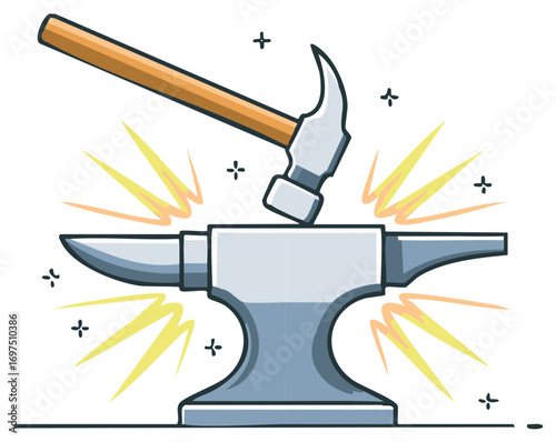 Stylized illustration of a hammer striking a metal anvil with sparks flying.