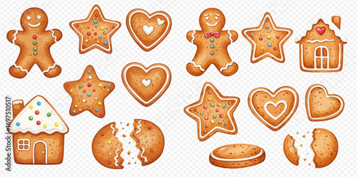 A festive collection of illustrated gingerbread cookies in various shapes, including men, stars, hearts, and houses, decorated with icing.