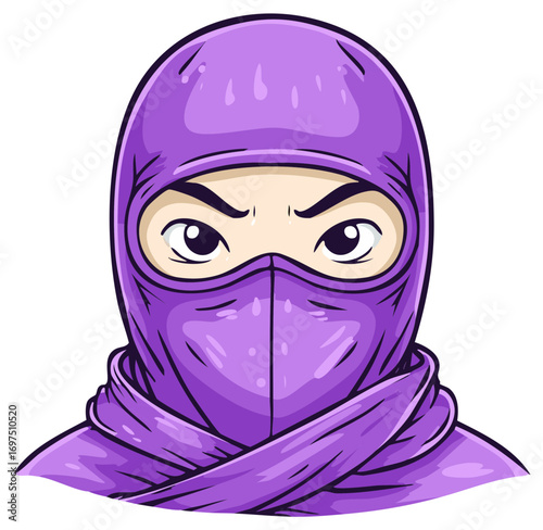 Purple Cartoon Ninja Head Avatar: Mysterious Character with Focused Gaze and Wrapped Headwear