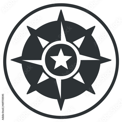 Simple black compass rose icon with a star symbol for navigation travel and adventure