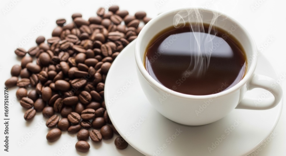 Fototapeta premium A steaming cup of coffee with coffee beans on a saucer on a white background in a studio shot