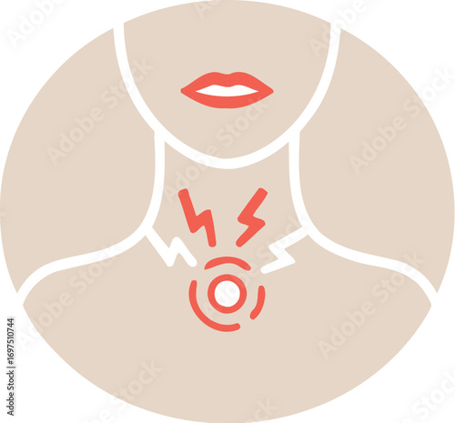 Close-up illustration of throat pain with red radiating lines and a sore spot.