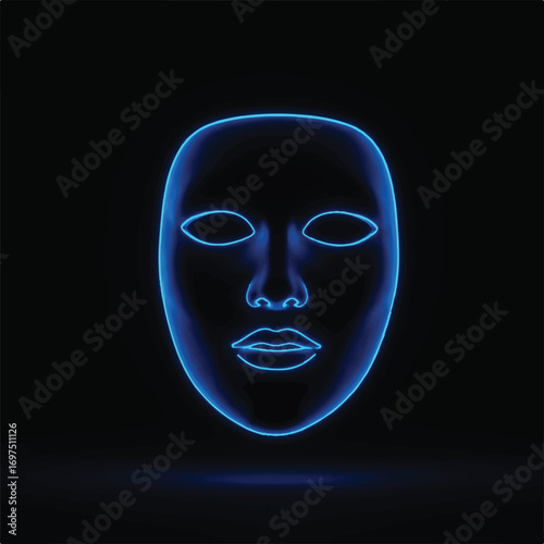 Futuristic neon face mask for security system identity, data privacy and facial recognition technology, a modern digital avatar aesthetic design