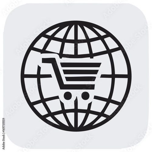 Shopping cart inside globe icon, design element for global online sales.