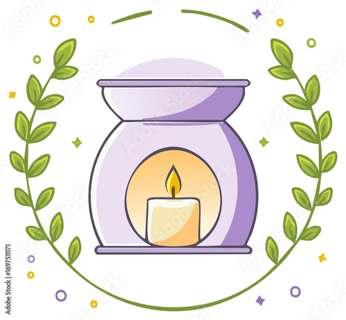Aromatherapy candle in a decorative ceramic diffuser with leaves and a circle