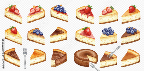 A delicious collection of watercolor cheesecake slices and a whole cake with various toppings like strawberries, blueberries, and chocolate sauce.