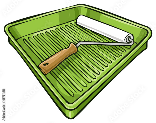 Green paint tray with roller brush cartoon illustration