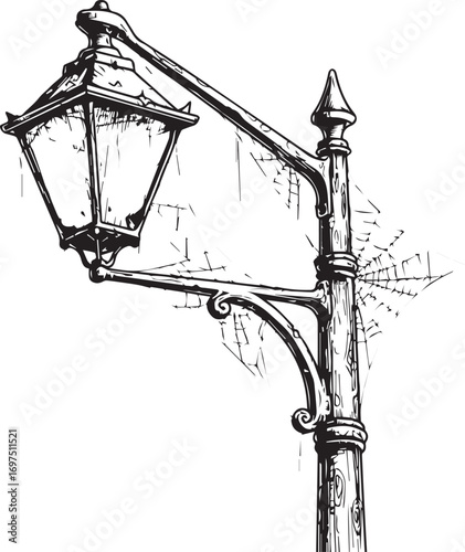 Antique street lamp casts an eerie glow, perfect for vintage designs, gothic themes, and historical illustrations, adding a touch of mystery and charm
