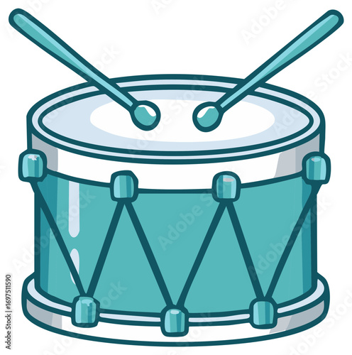 Cartoon illustration of a teal drum with drumsticks for a music theme.
