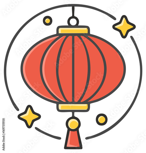 Traditional red Chinese lantern with yellow accents surrounded by decorative elements
