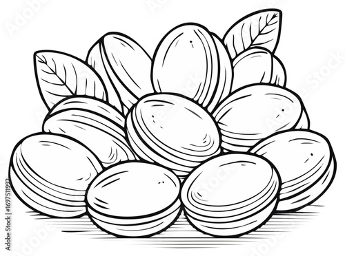 Stylized illustration of a group of pistachios with leaves, black and white sketch.