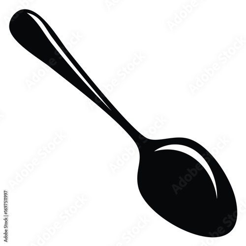 Simple black silhouette of a spoon with a reflective sheen against a white background